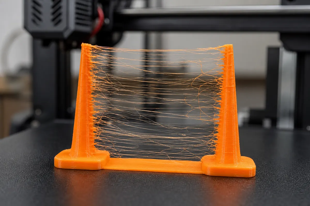 3D-Druckteil mit feinen Filamentfäden zwischen zwei Turmspitzen