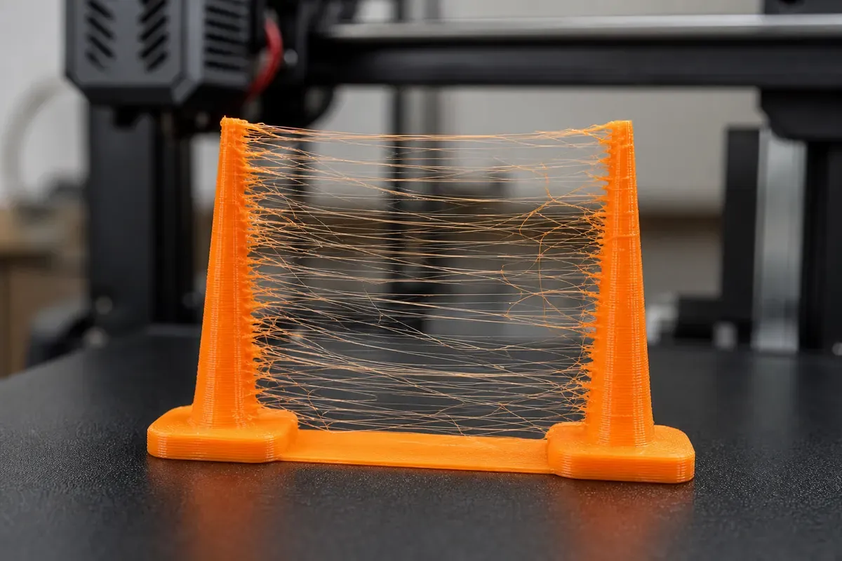 3D-Druckteil mit feinen Filamentfäden zwischen zwei Turmspitzen