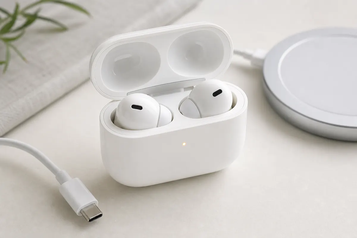 Offenes AirPods-Ladecase mit Statusleuchte neben USB-C-Kabel und Ladepad