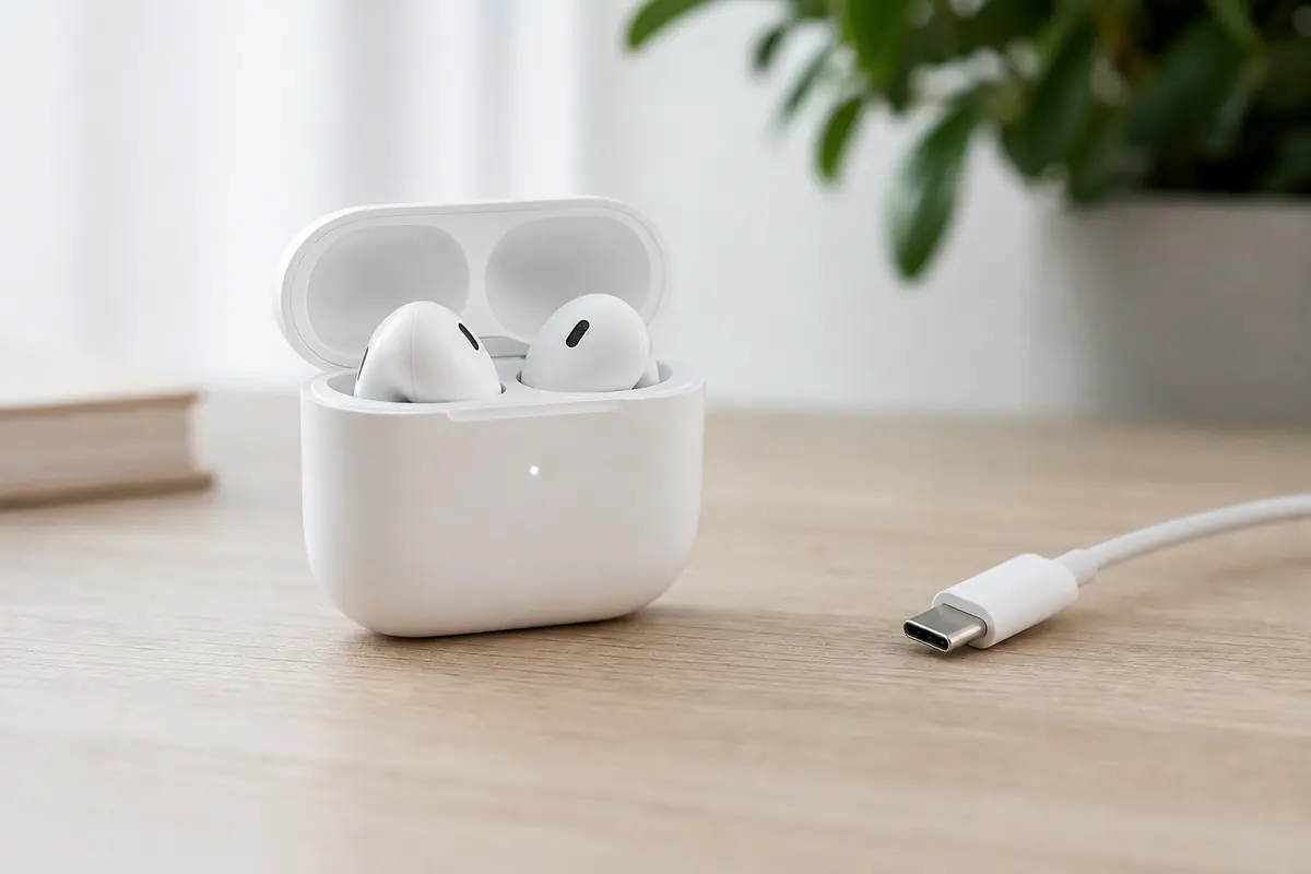 AirPods im geöffneten Ladecase neben Kabel und Statusanzeige