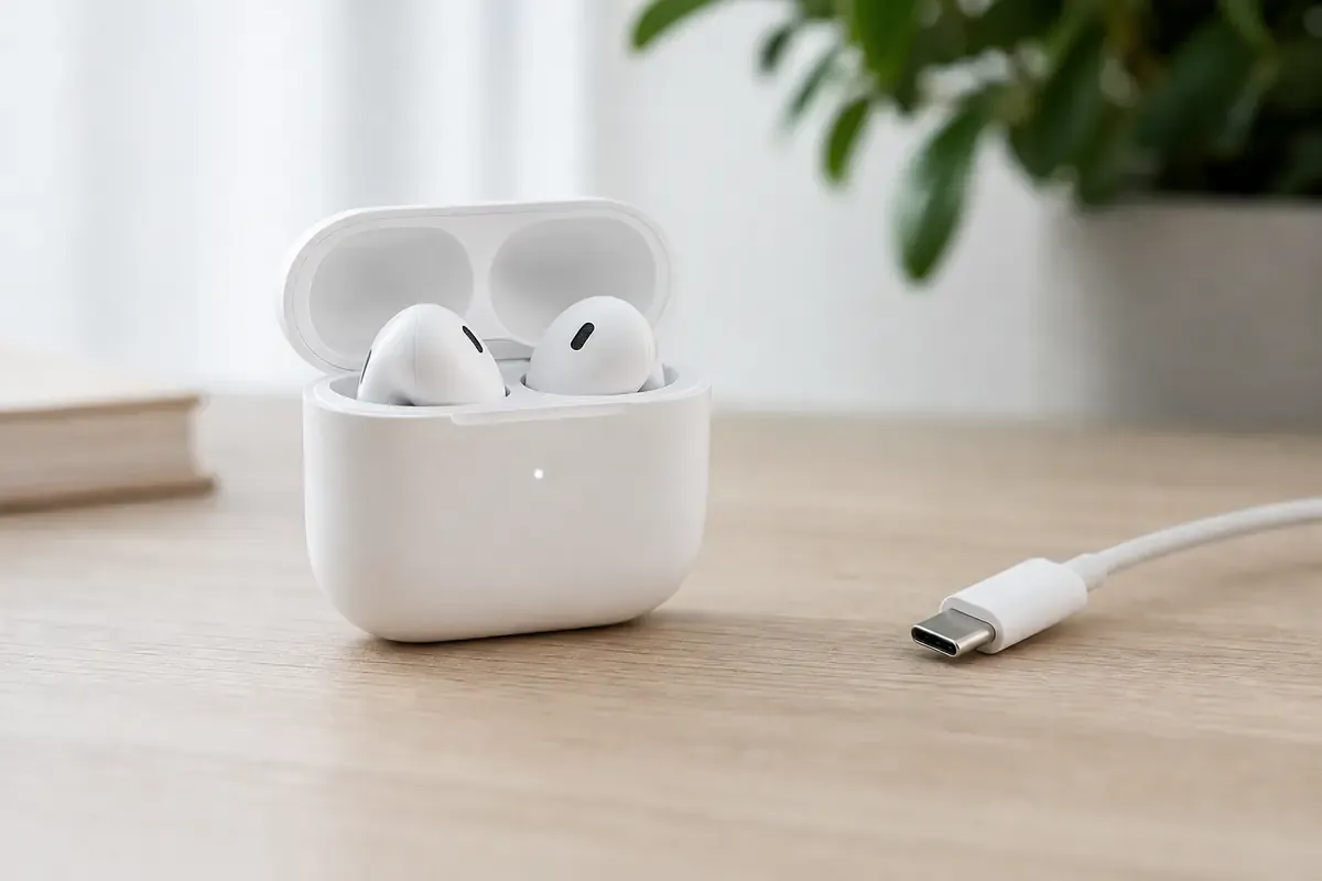 AirPods im geöffneten Ladecase neben Kabel und Statusanzeige