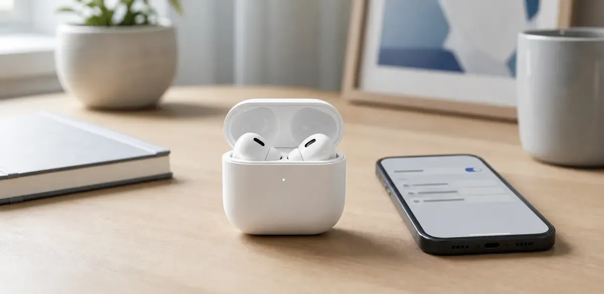 Markenfreie In-Ear-Kopfhörer im geöffneten Ladecase neben einem Smartphone mit Bluetooth-Einstellungen