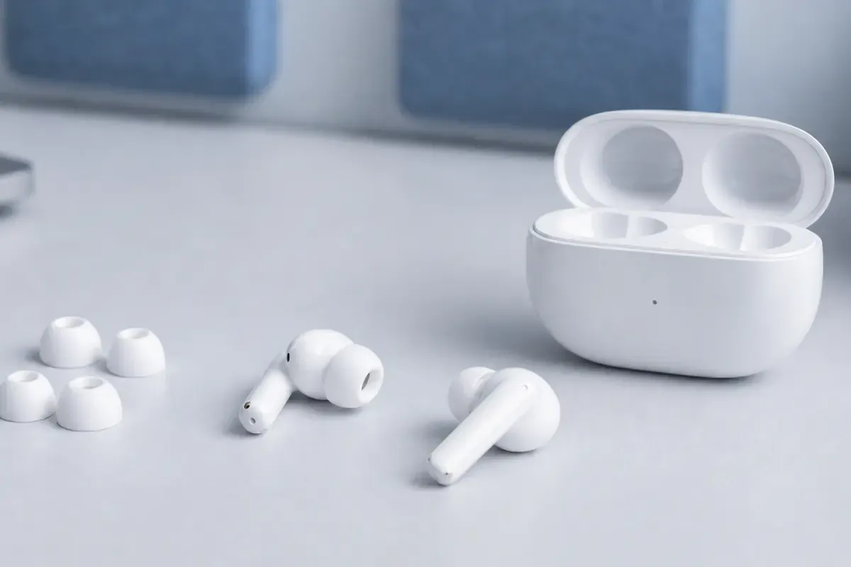 Weiße In-Ear-Kopfhörer mit Ohreinsätzen und geöffnetem Ladecase