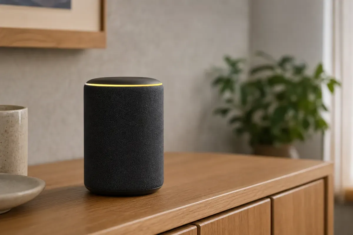 Markenfreier smarter Lautsprecher mit gelbem Lichtring auf einem Sideboard