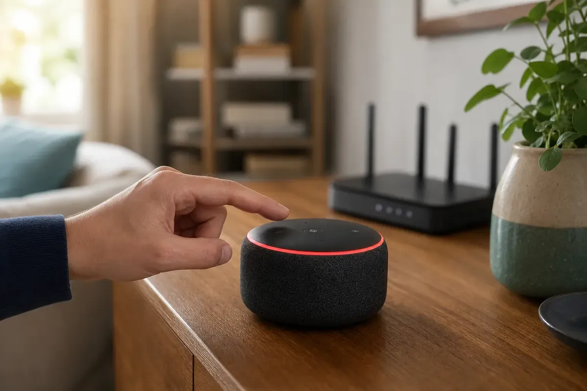 Echo-Lautsprecher mit roter Mikrofonanzeige auf einem Sideboard