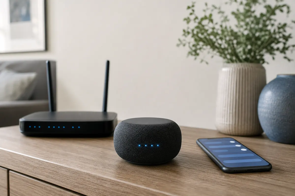 Smarte Lautsprecherbox neben WLAN-Router und Smartphone auf einem Sideboard