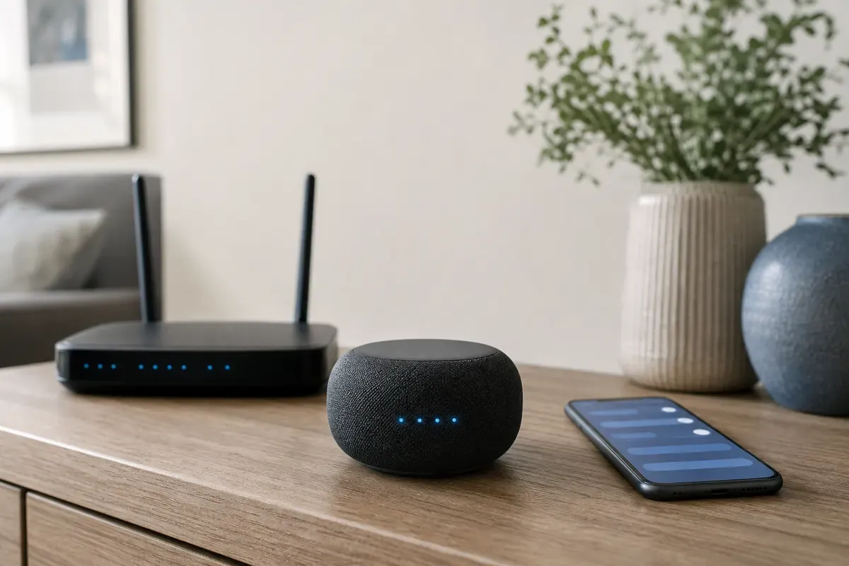 Smarte Lautsprecherbox neben WLAN-Router und Smartphone auf einem Sideboard