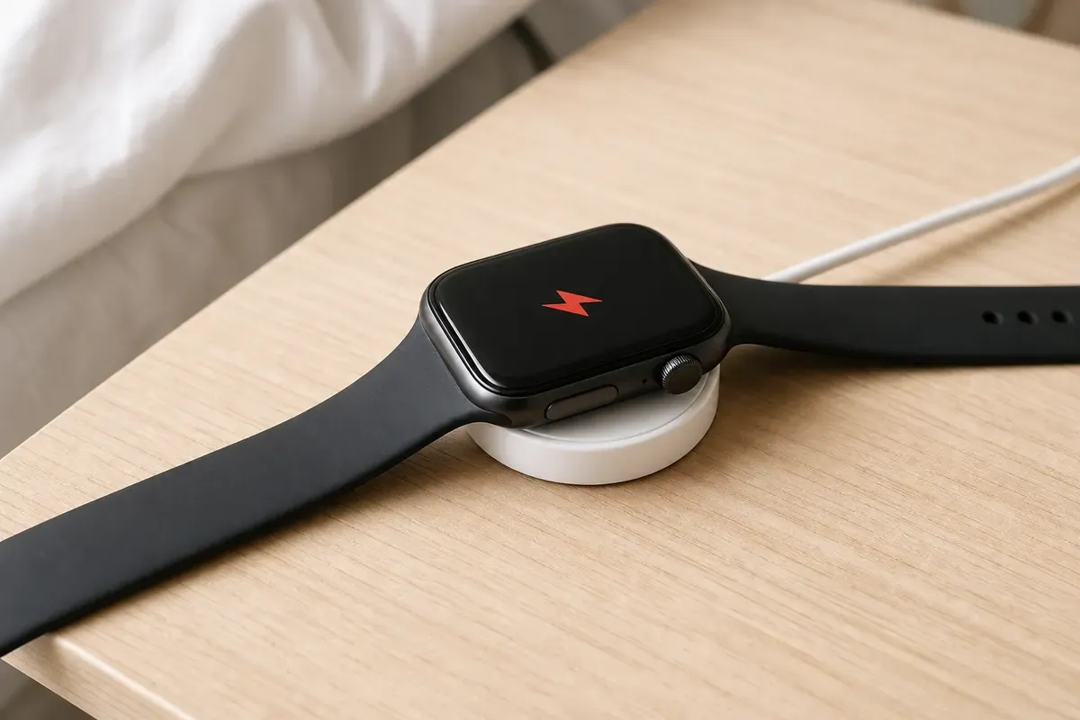 Apple Watch auf magnetischem Ladepad mit leerem Display