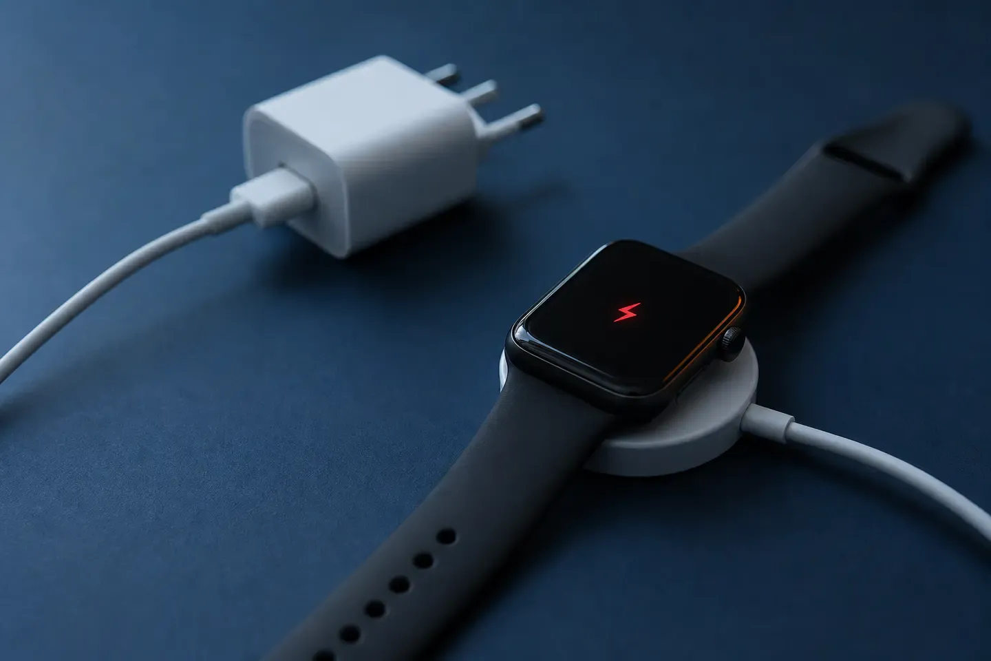 Dunkle Smartwatch auf einem runden magnetischen Ladegerät