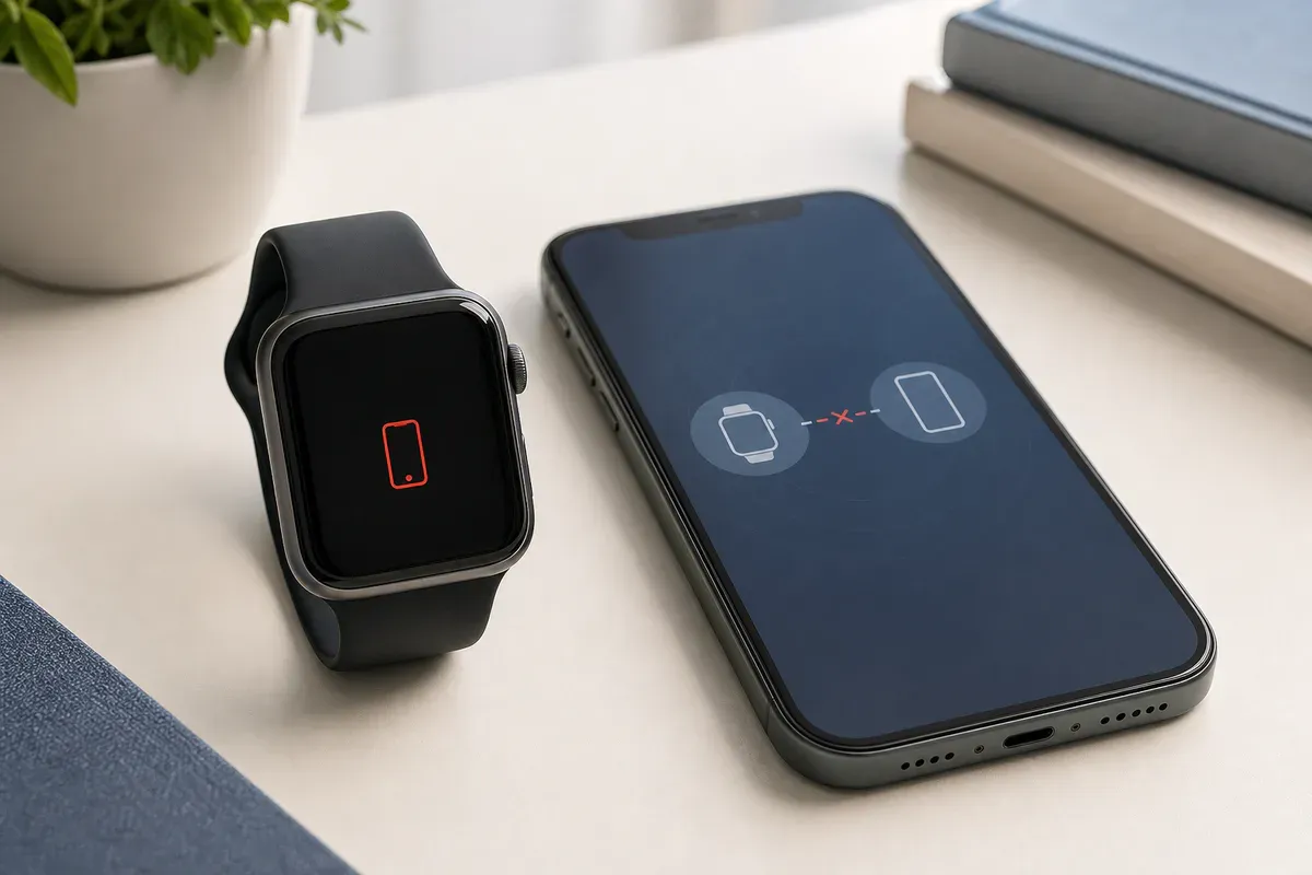 Apple Watch neben einem iPhone mit Symbolen für eine unterbrochene Verbindung