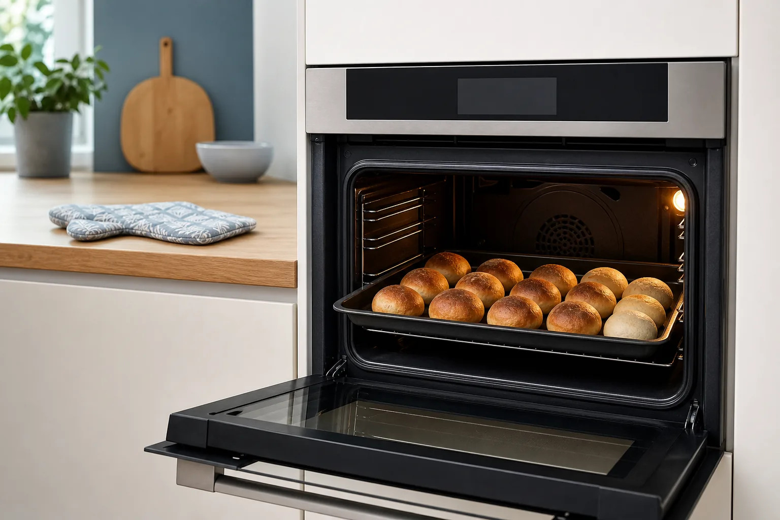 Backblech mit unterschiedlich stark gebräunten Brötchen im Backofen