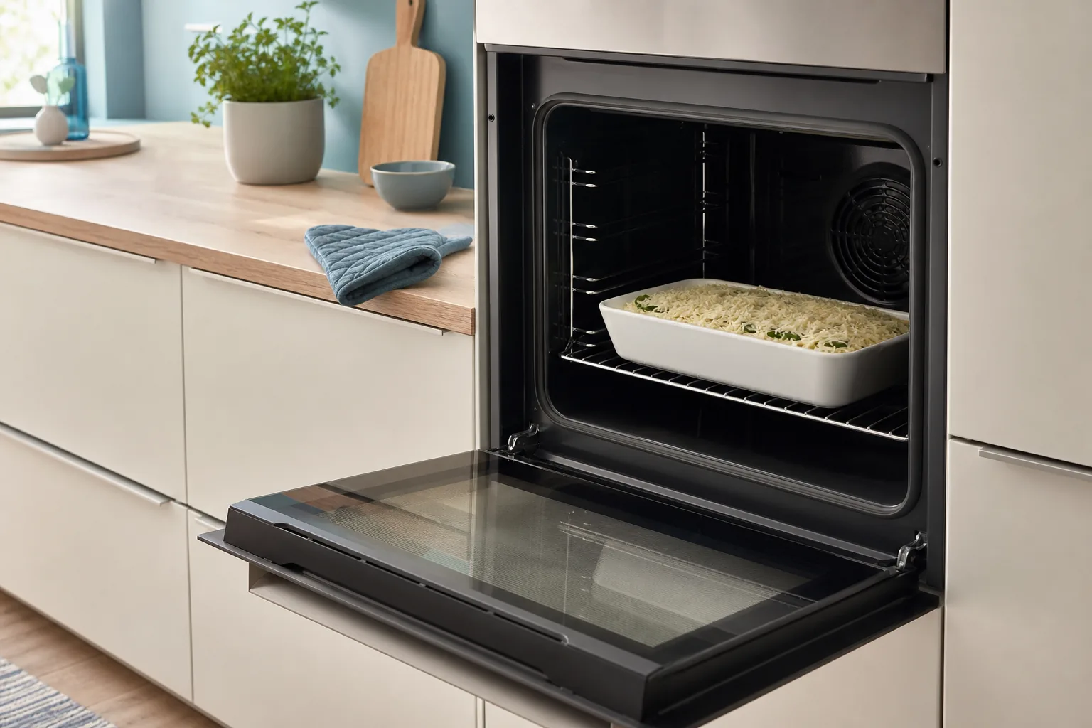 Geöffneter kalter Backofen mit einer ungebackenen Auflaufform