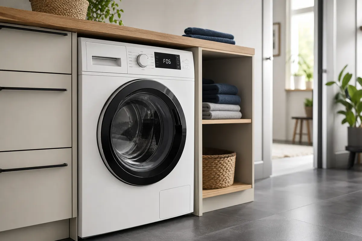 Weiße Waschmaschine mit der Anzeige F06 in einem hellen Hauswirtschaftsraum
