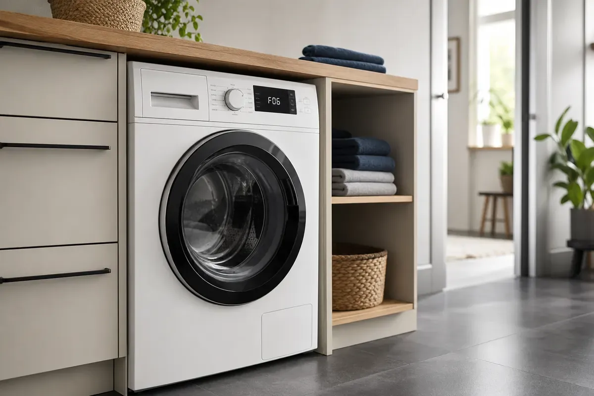 Weiße Waschmaschine mit der Anzeige F06 in einem hellen Hauswirtschaftsraum