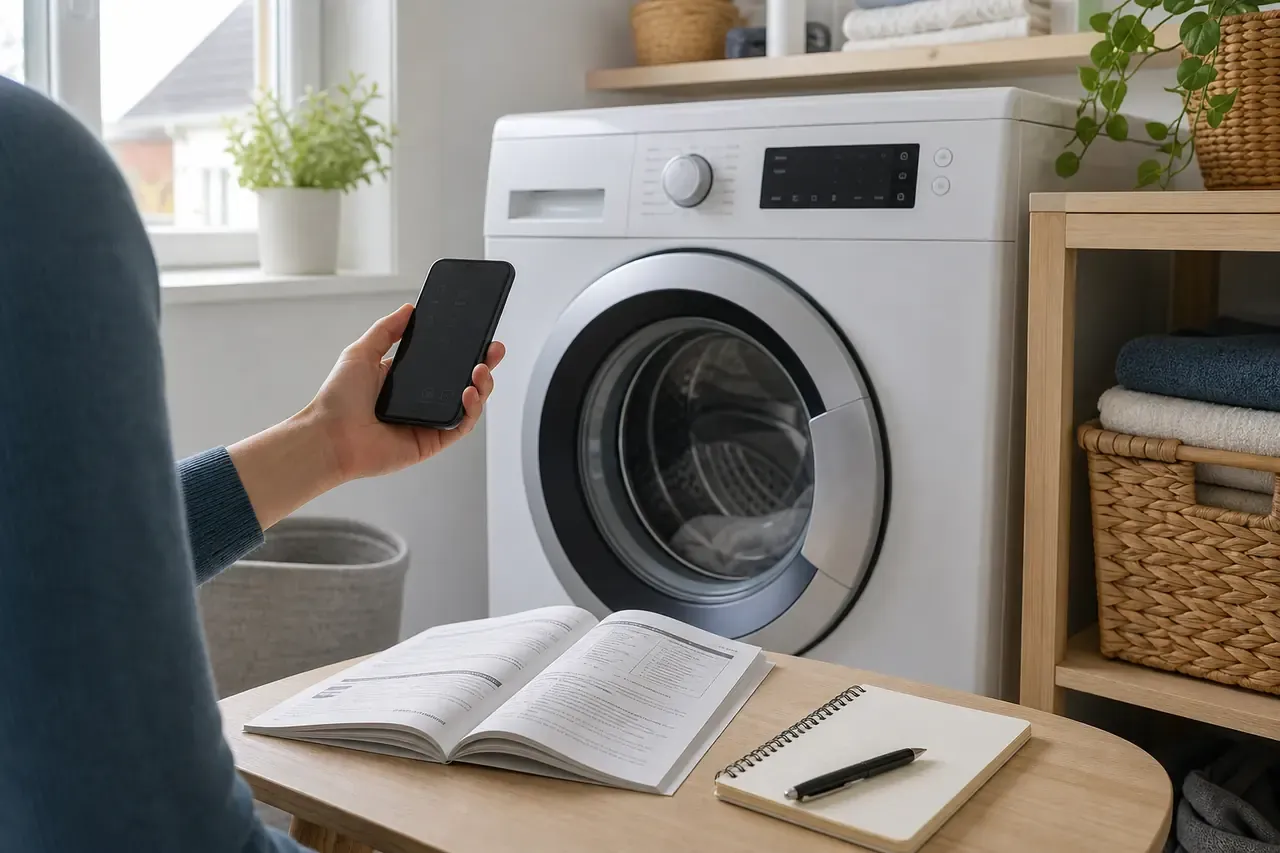 Markenneutrale Waschmaschine mit Smartphone und Bedienungsanleitung zur Dokumentation der Anzeige