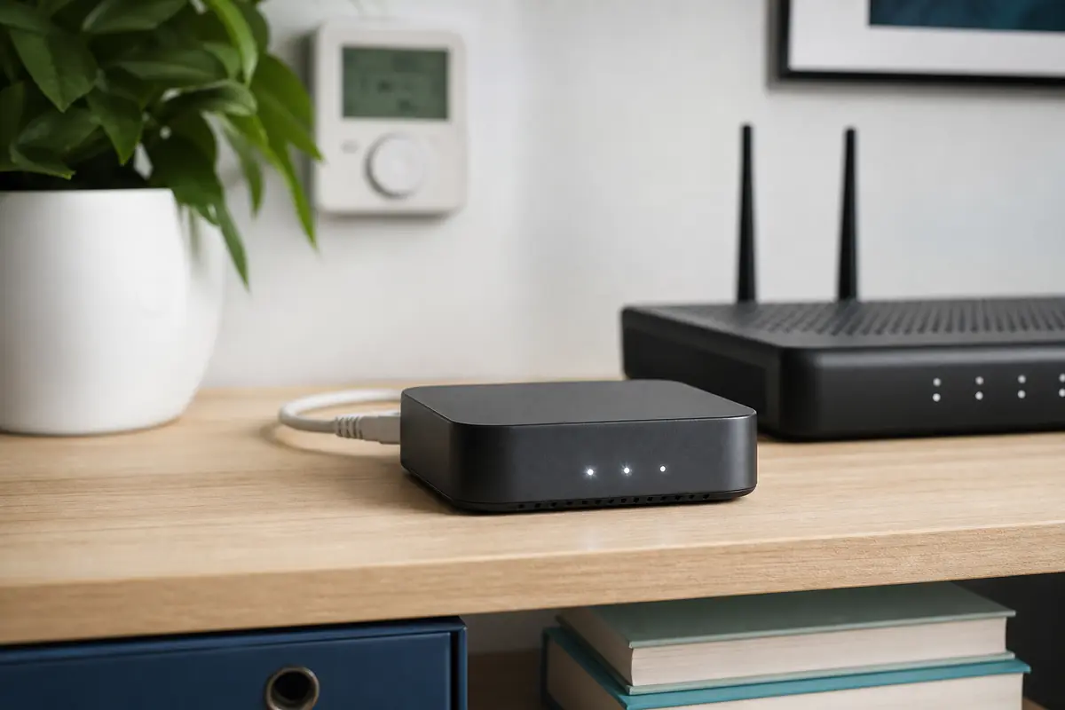 Smart-Home-Controller mit drei weißen Statusleuchten neben Router und Netzwerkkabel