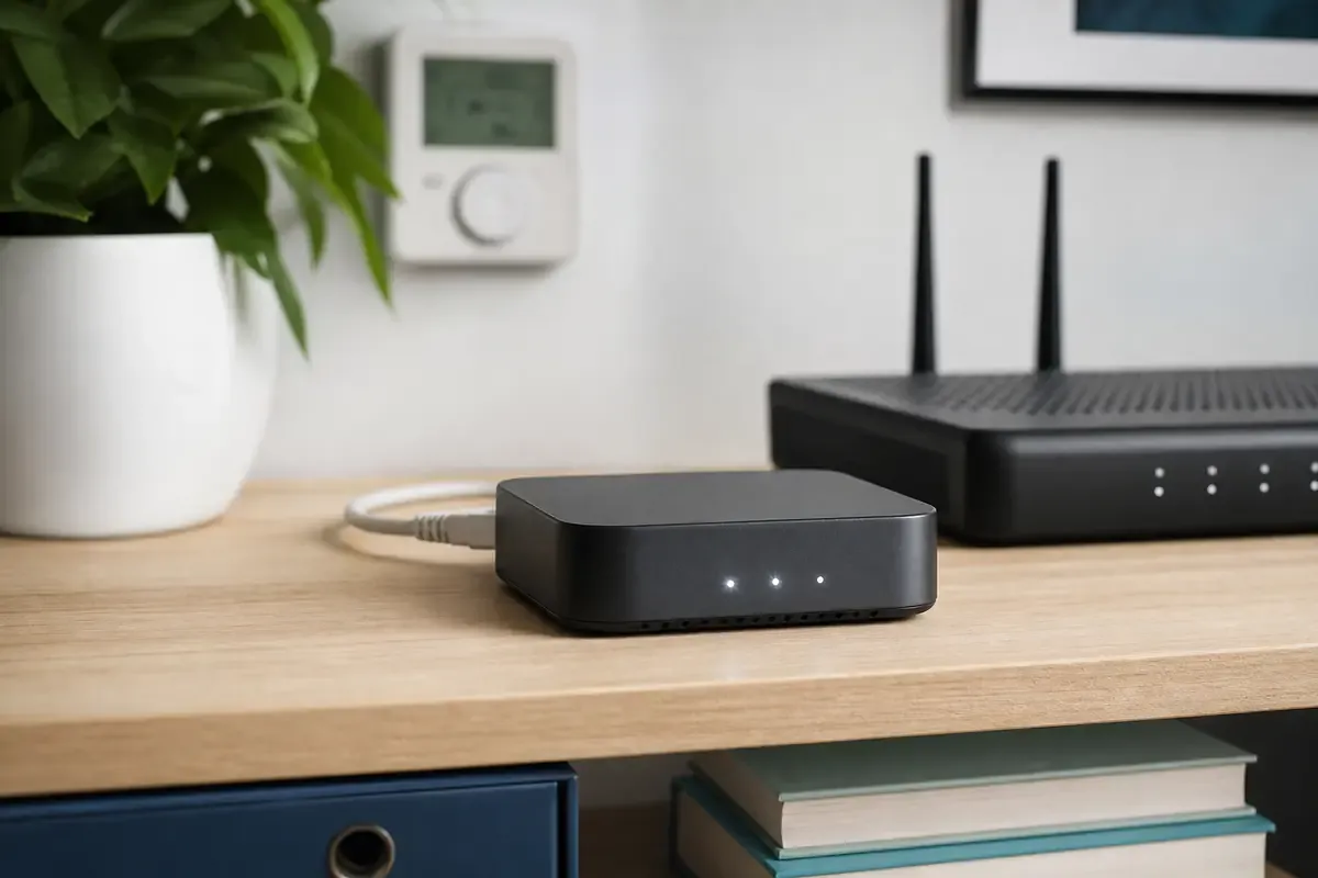 Smart-Home-Controller mit drei weißen Statusleuchten neben Router und Netzwerkkabel