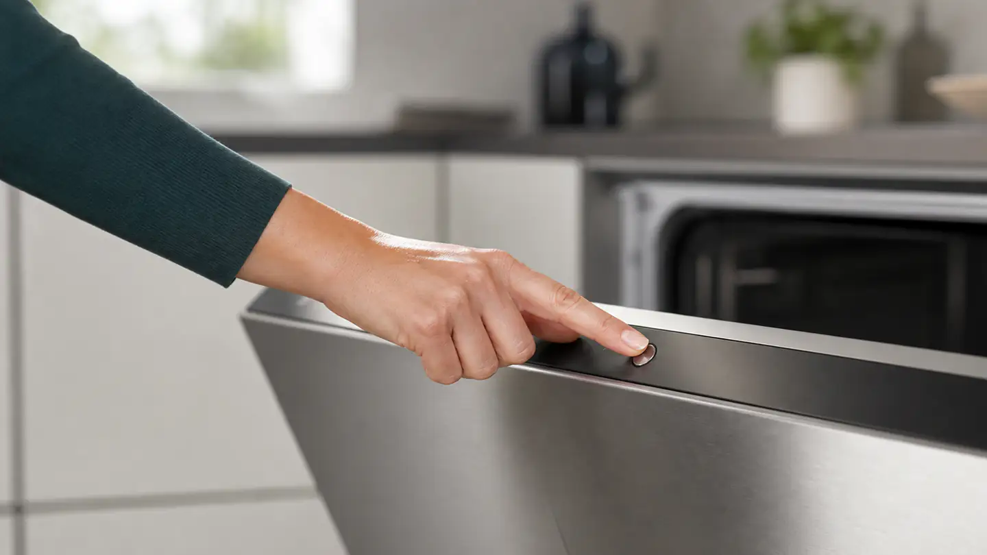 Hand drückt eine Taste an der Bedienkante eines geöffneten Geschirrspülers