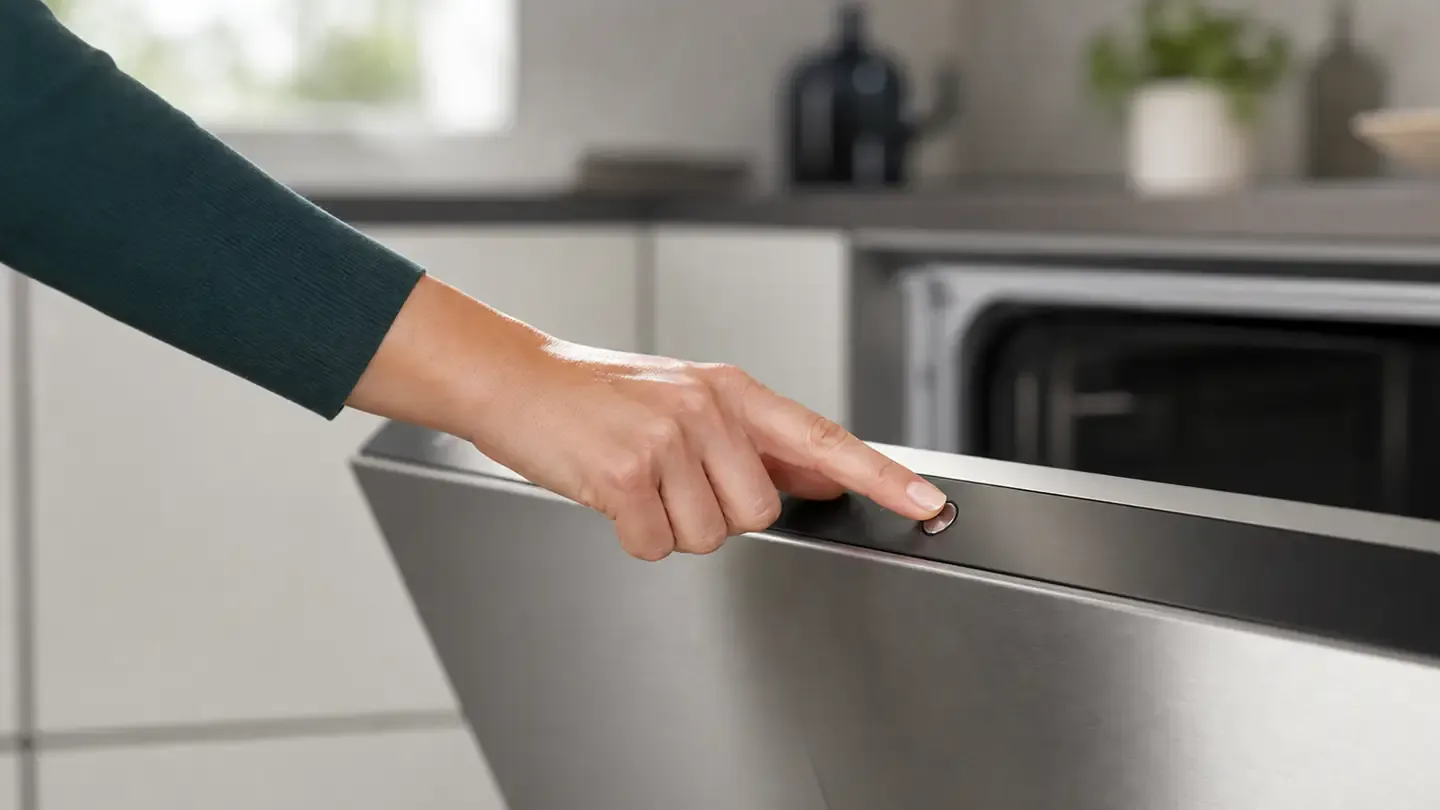 Hand drückt eine Taste an der Bedienkante eines geöffneten Geschirrspülers