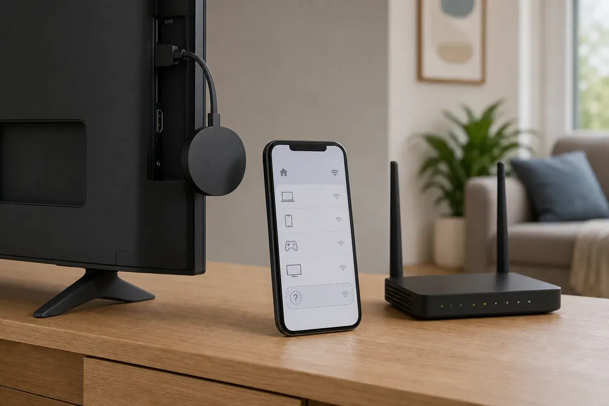 Streaminggerät am Fernseher neben Smartphone und WLAN-Router