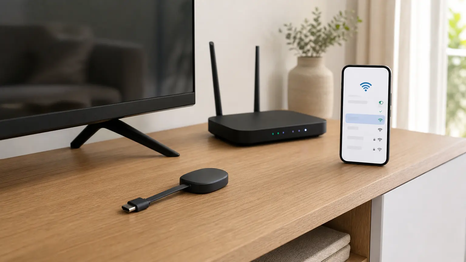 Streaming-Stick am Fernseher neben einem Router und einem Smartphone mit Home-App