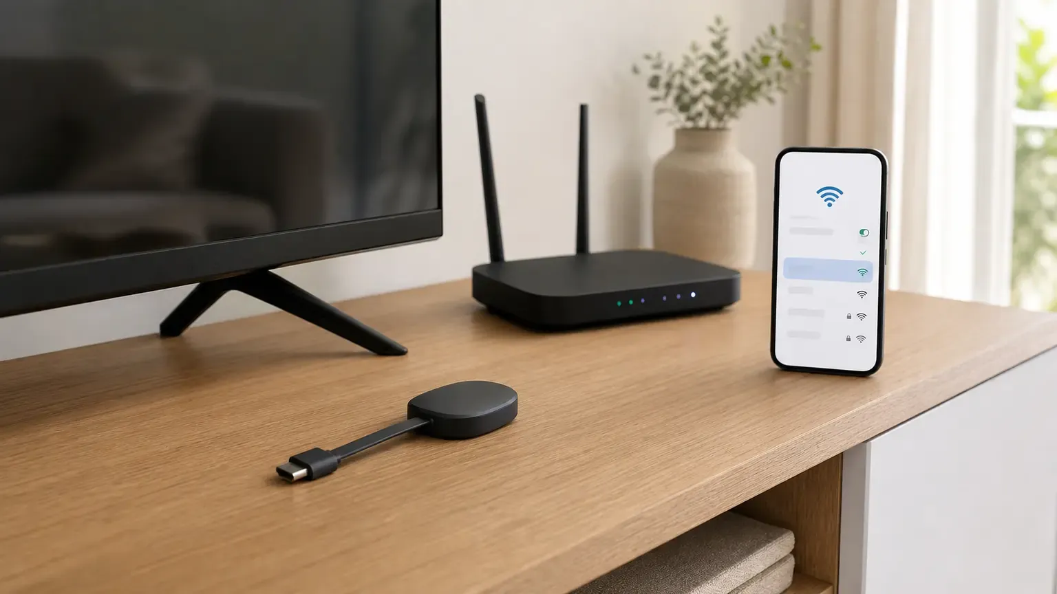 Streaming-Stick am Fernseher neben einem Router und einem Smartphone mit Home-App