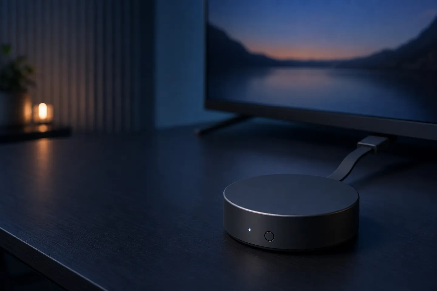 Generischer runder Streamingempfänger mit HDMI-Kabel, Statusleuchte und Resetknopf vor einem Fernseher