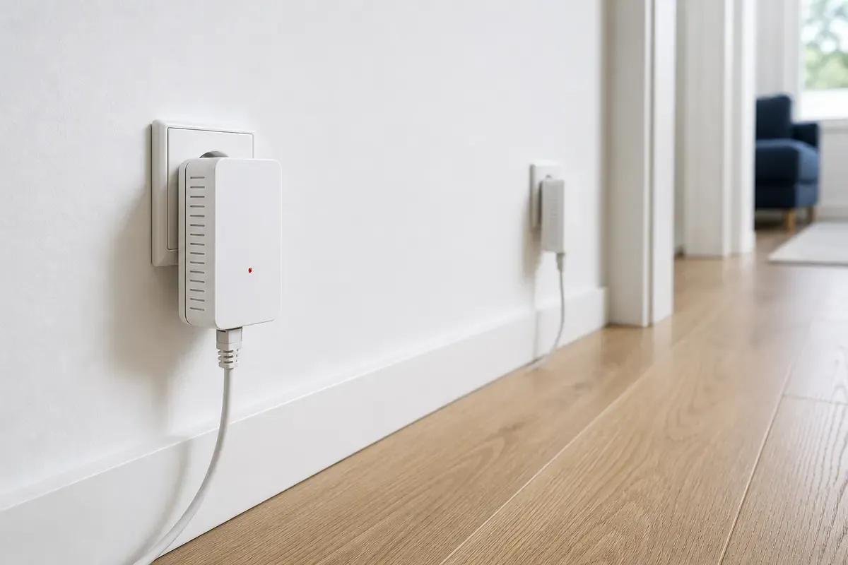 Zwei helle Powerline-Adapter in Wandsteckdosen mit kleiner roter Statusleuchte