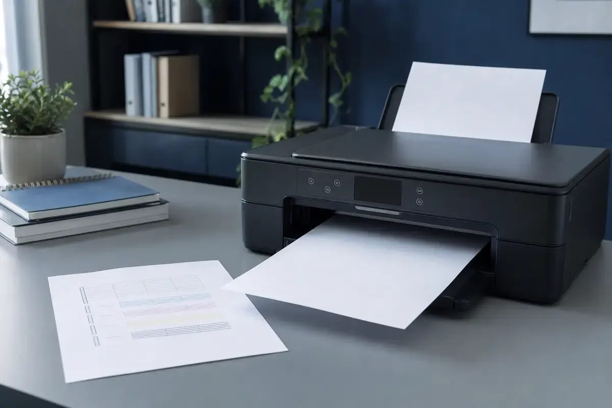 Weißer Drucker mit sehr blassem Testblatt und einer unbeschrifteten Tintenpatrone