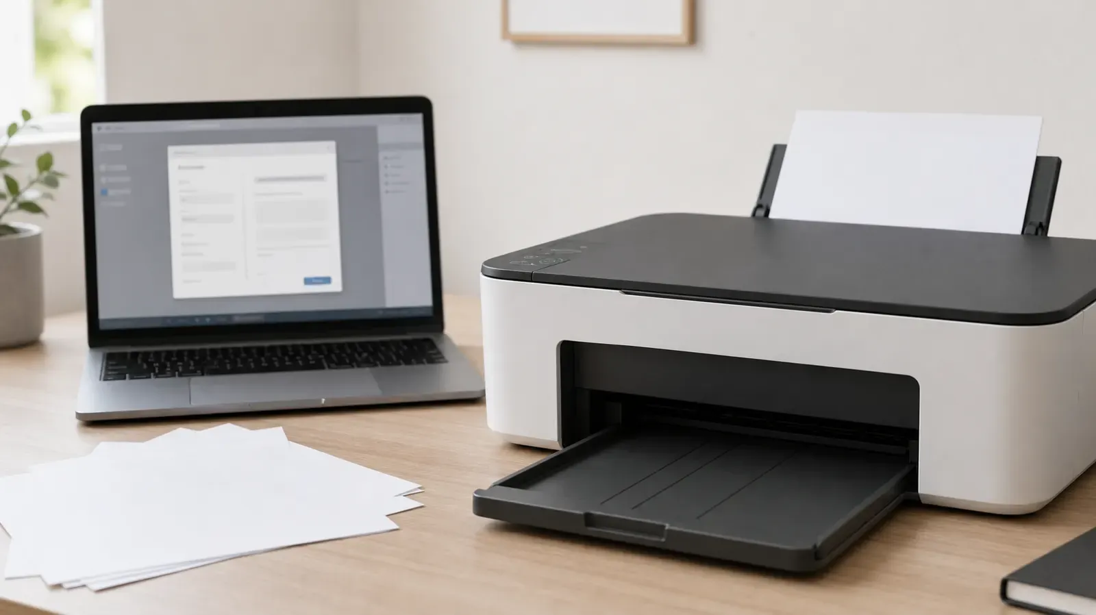 Drucker mit leerem Ausgabefach neben einem Laptop mit geöffnetem Druckfenster