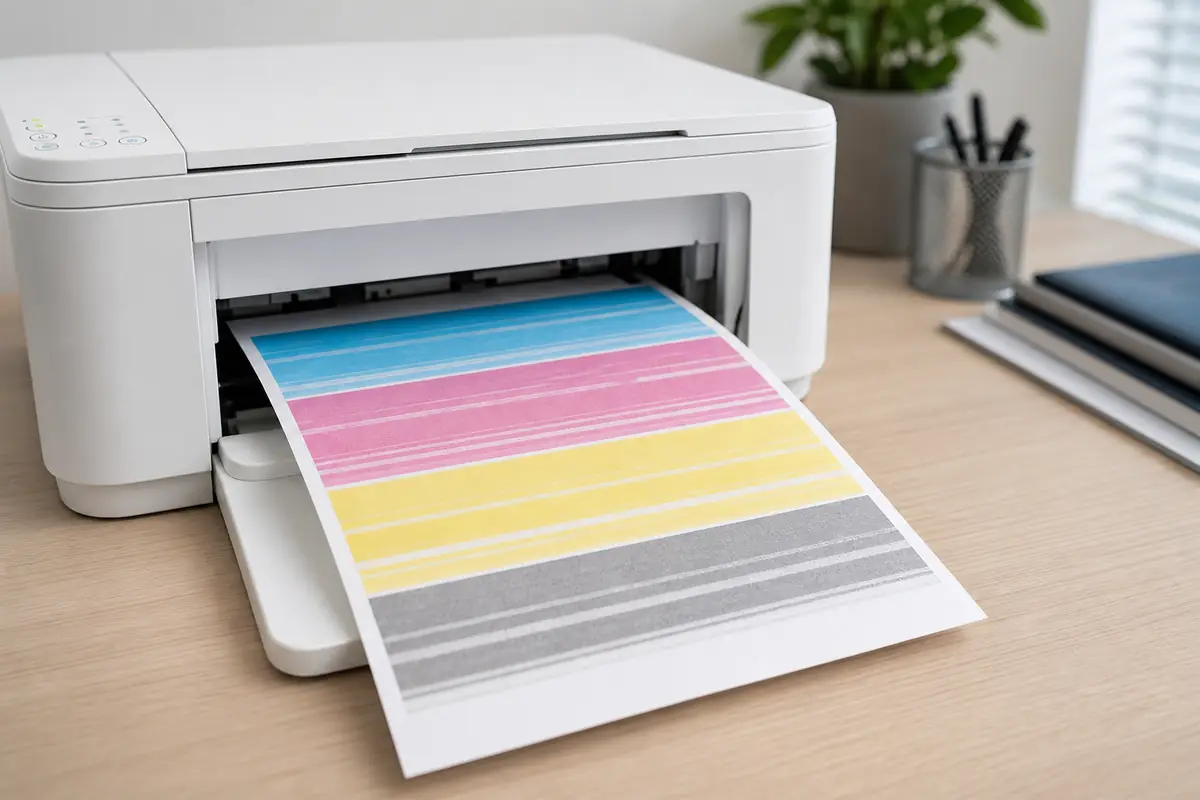Drucker gibt ein farbiges Testblatt mit waagerechten hellen Streifen aus