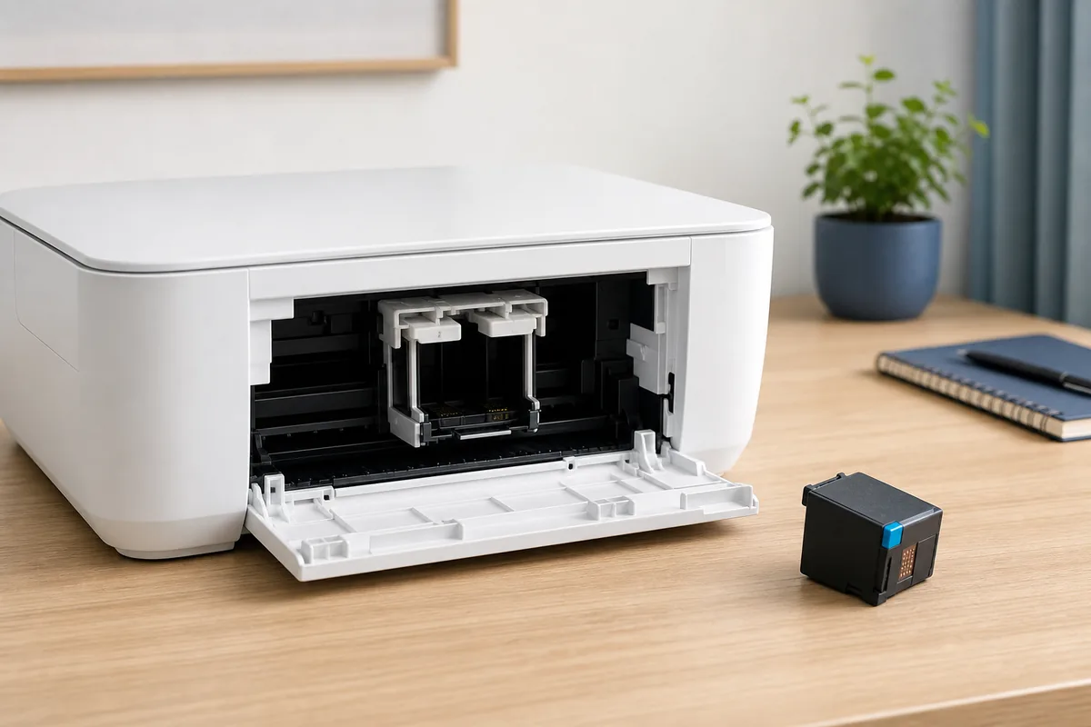 Geöffneter weißer Drucker mit einer unbeschrifteten Tintenpatrone auf dem Schreibtisch