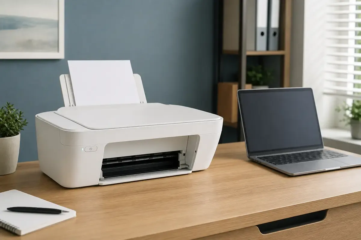 Eingeschalteter weißer Drucker neben einem Laptop im Arbeitszimmer