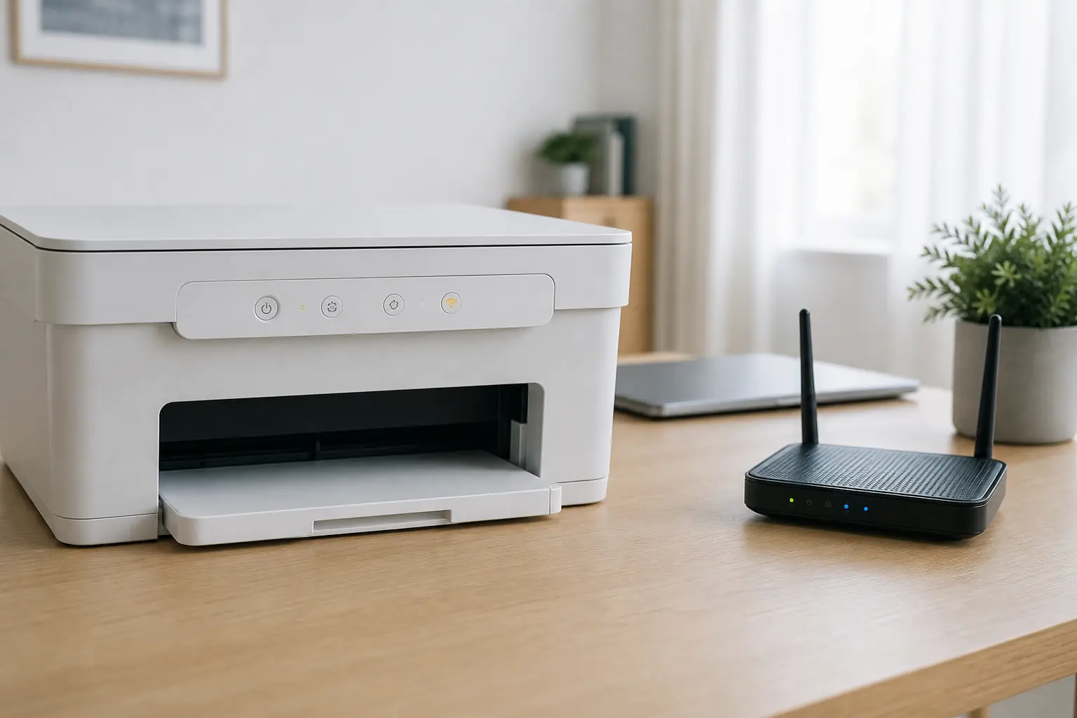 Eingeschalteter weißer Drucker mit leerem Ausgabefach neben einem WLAN-Router