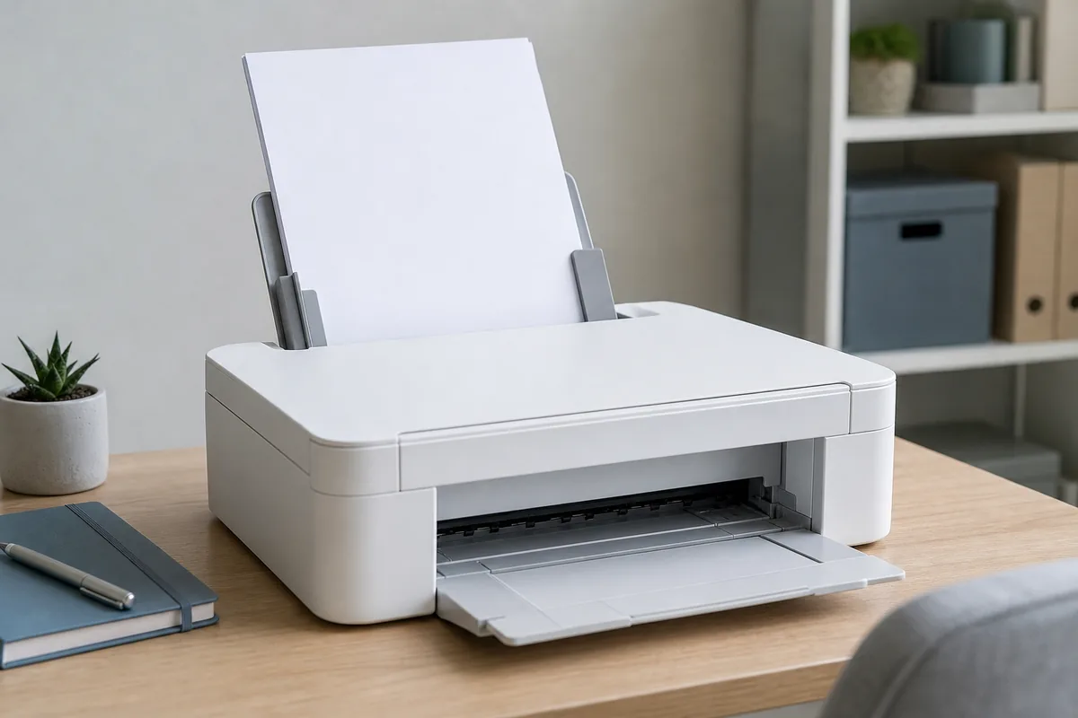 Weißer Drucker mit sauber eingelegtem Papier und leerem Ausgabefach