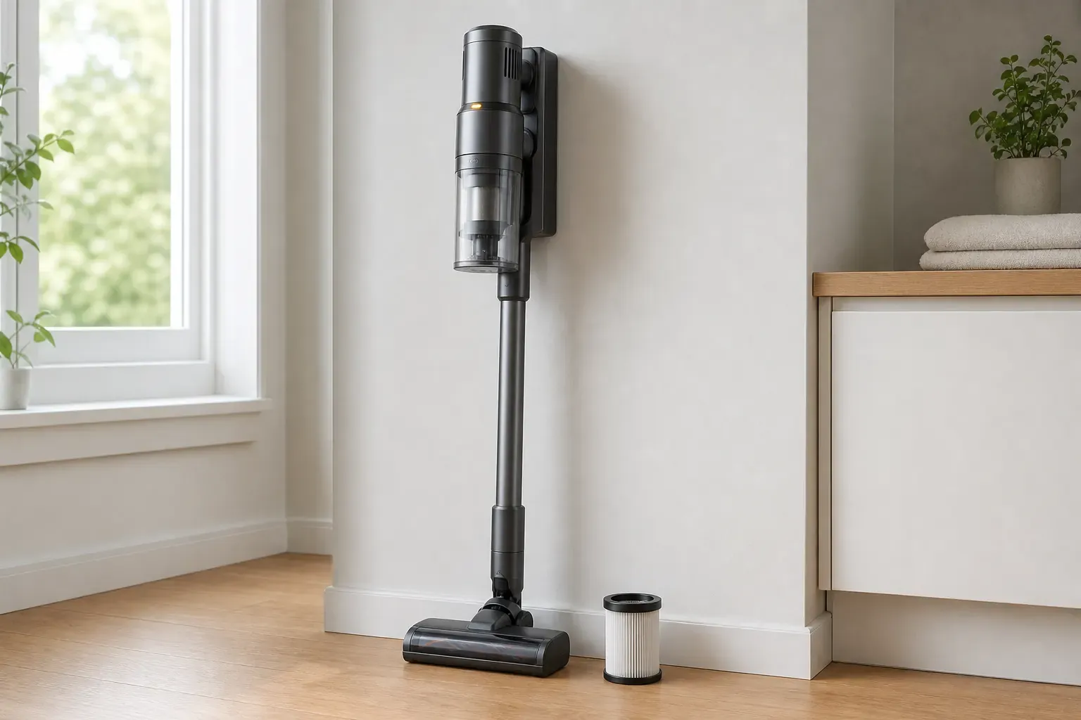 Kabelloser Staubsauger mit neutraler Filteranzeige neben einem entnommenen trockenen Filter