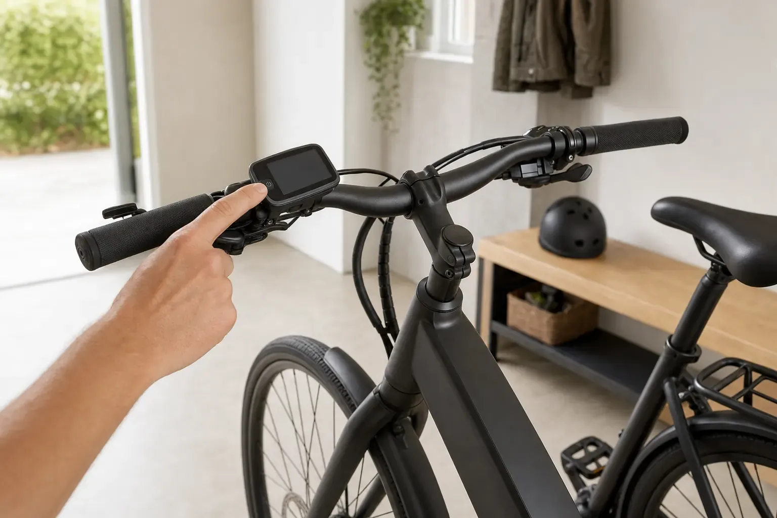 E-Bike-Lenker mit dunkler Bedieneinheit und eingesetztem Rahmenakku