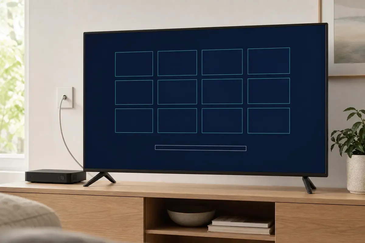 Fernseher mit leerer Senderübersicht neben einem gelösten Antennenkabel