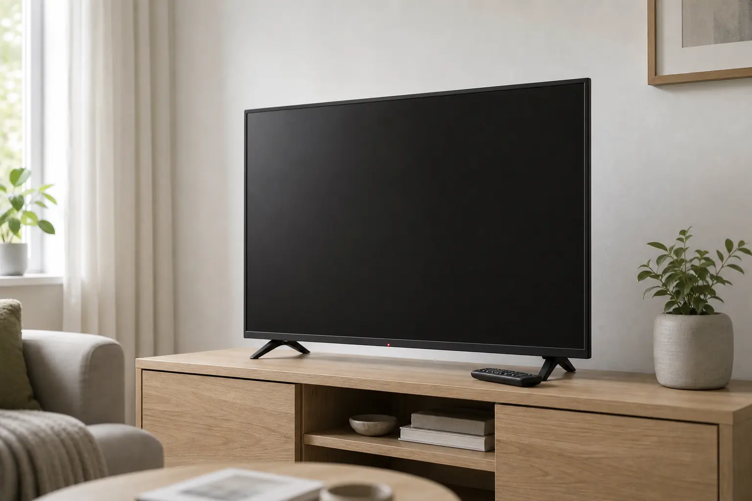 Ausgeschalteter Fernseher mit leuchtender Bereitschaftsanzeige auf einem niedrigen Möbel