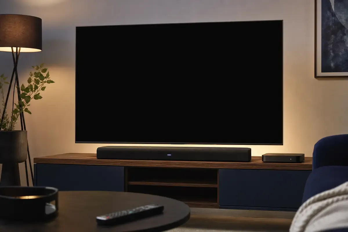 Fernseher mit schwarzem Bildschirm und aktiver Soundbar im Wohnzimmer