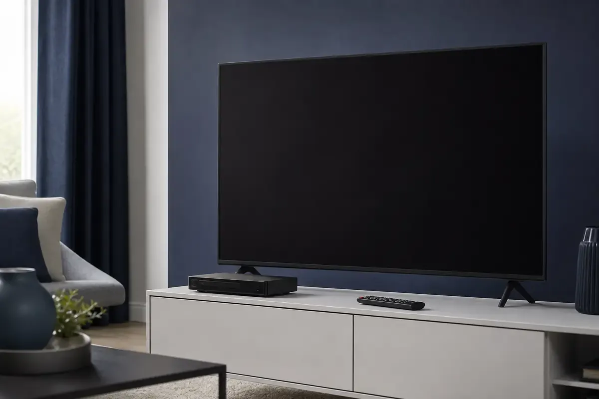 Schwarzer Fernseher mit Fernbedienung und externem Receiver im Wohnzimmer