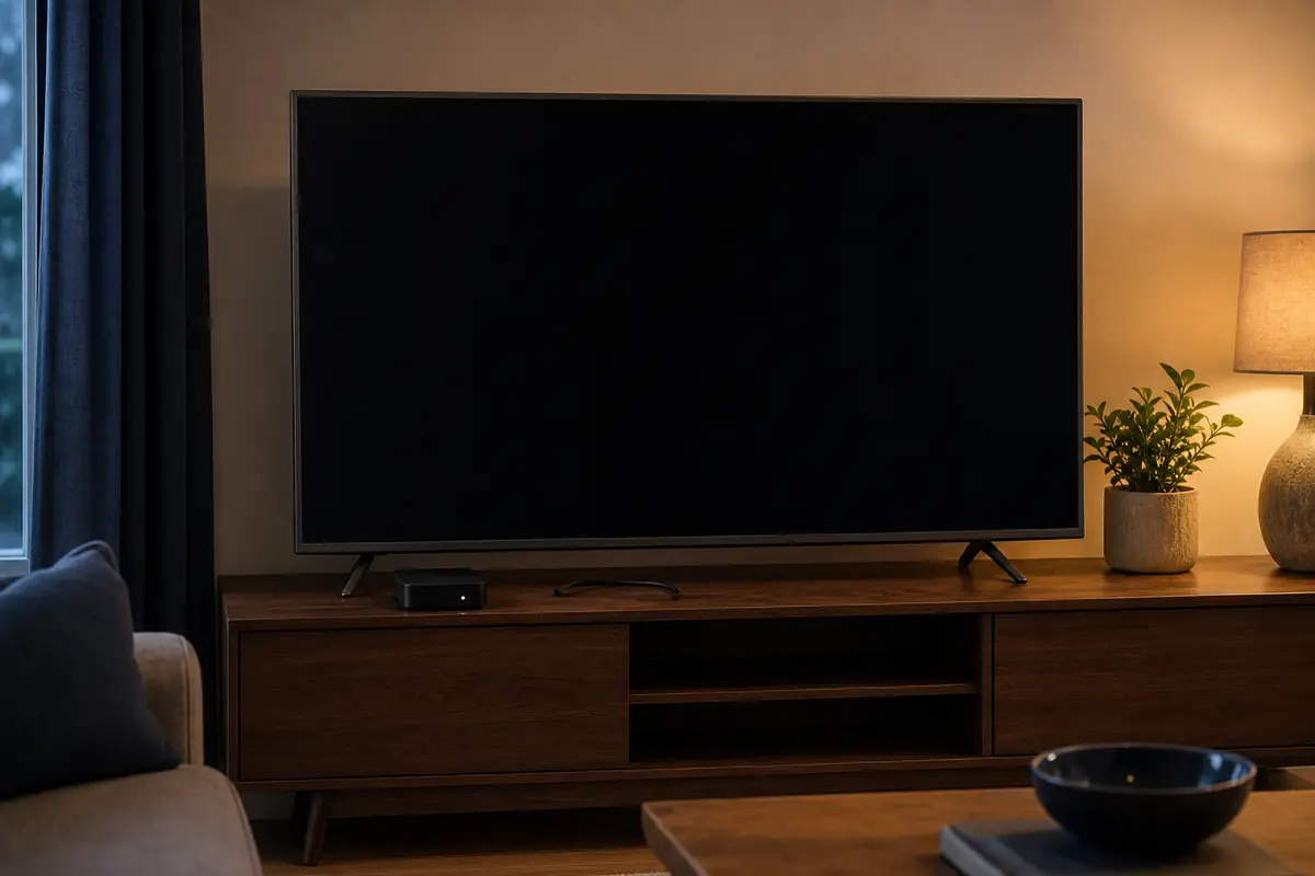 Dunkler Fernseher mit einem gelösten Signalkabel auf dem Sideboard