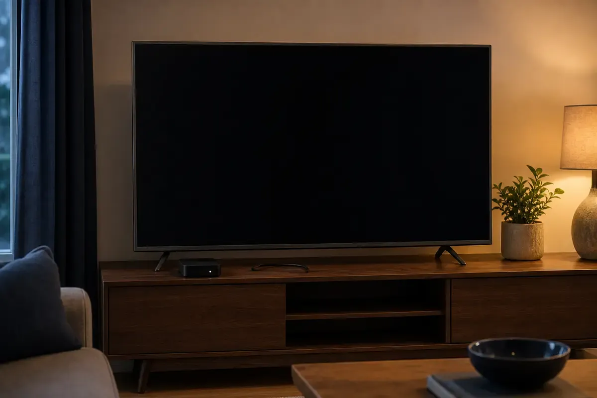 Dunkler Fernseher mit einem gelösten Signalkabel auf dem Sideboard
