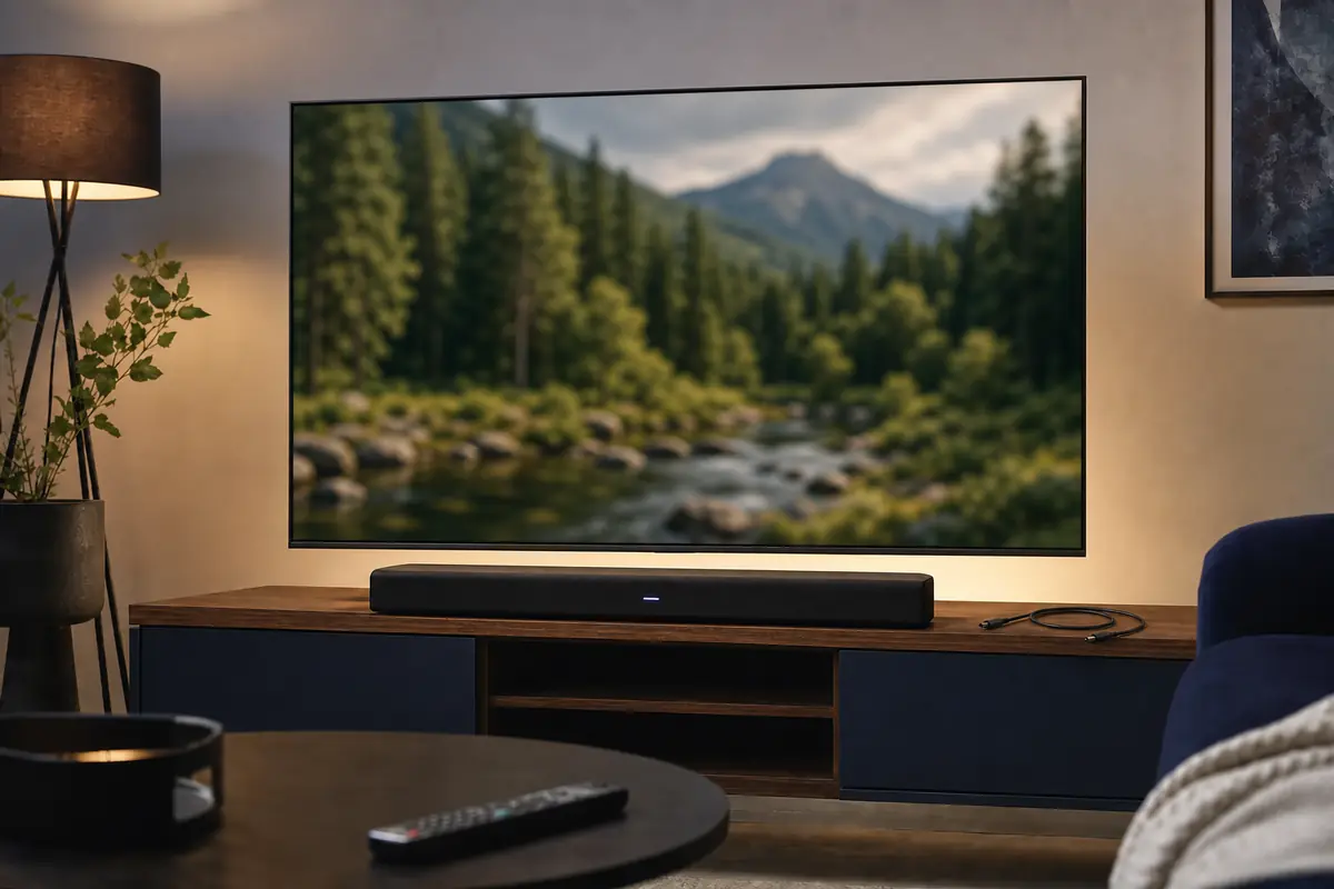 Fernseher mit laufendem Bild und Soundbar neben einem gelösten Audiokabel