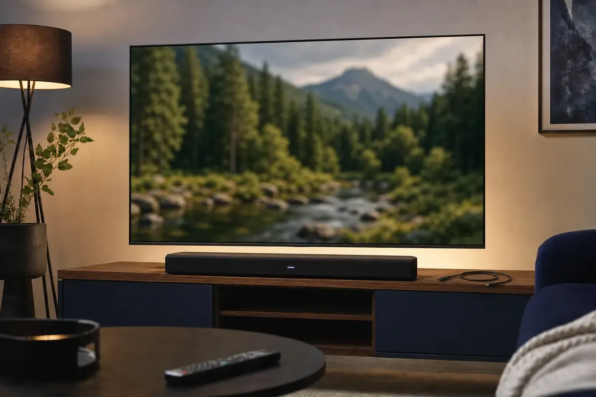Fernseher mit laufendem Bild und Soundbar neben einem gelösten Audiokabel