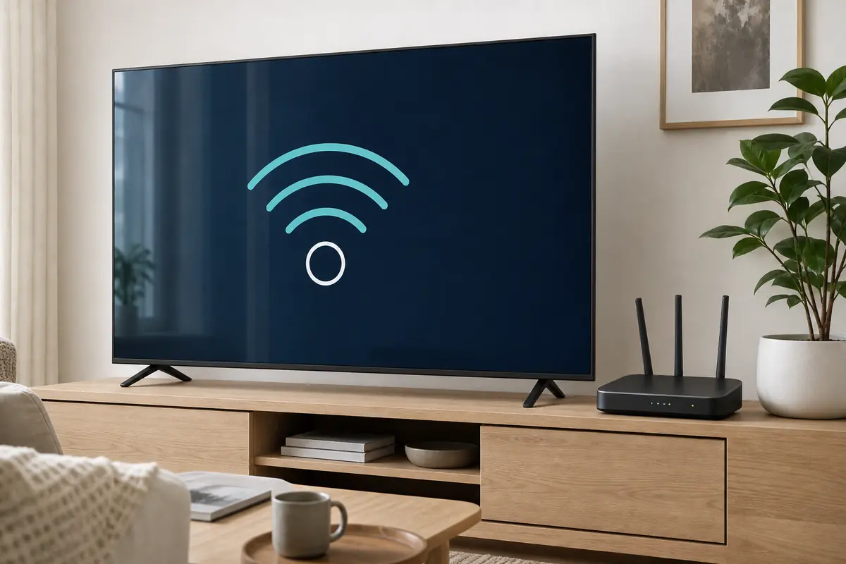 Fernseher mit WLAN-Symbol neben einem Router im Wohnzimmer