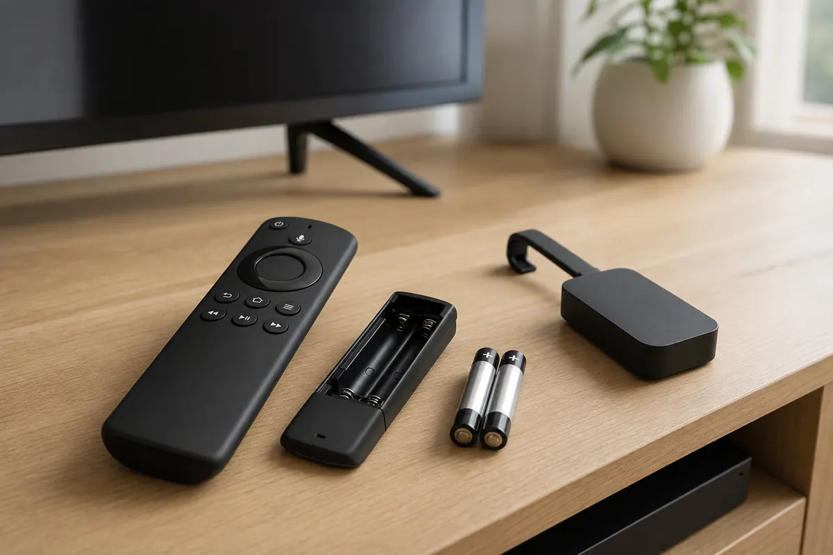 Schwarze Streaming-Fernbedienung mit geöffnetem Batteriefach neben einem kompakten HDMI-Mediaplayer