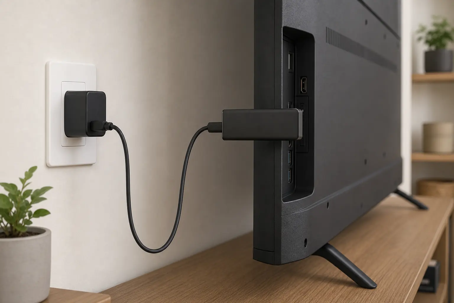 Fire TV Stick am HDMI-Anschluss eines Fernsehers mit sichtbarem USB-Netzteil