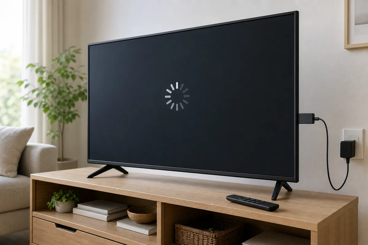Fernseher mit eingefrorener Ladeanzeige und angeschlossenem Streaminggerät