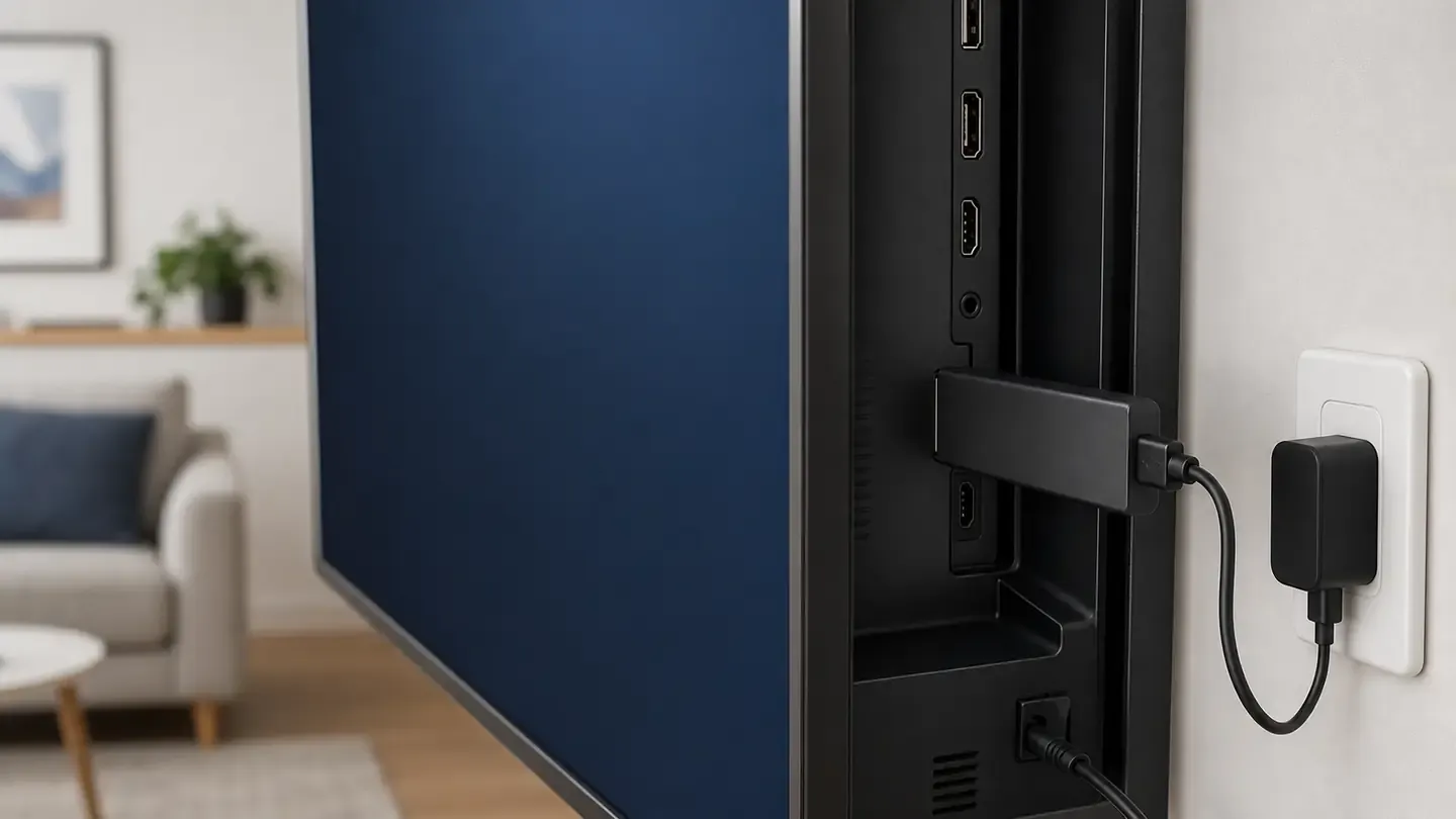 Ungebrandeter Streaming-Stick am HDMI-Anschluss eines Fernsehers mit separatem Netzteil